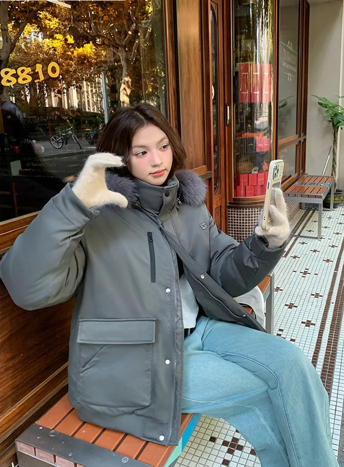Water-resistant Thickened Relaxed-fit Puffer Jacket with Zip-up
