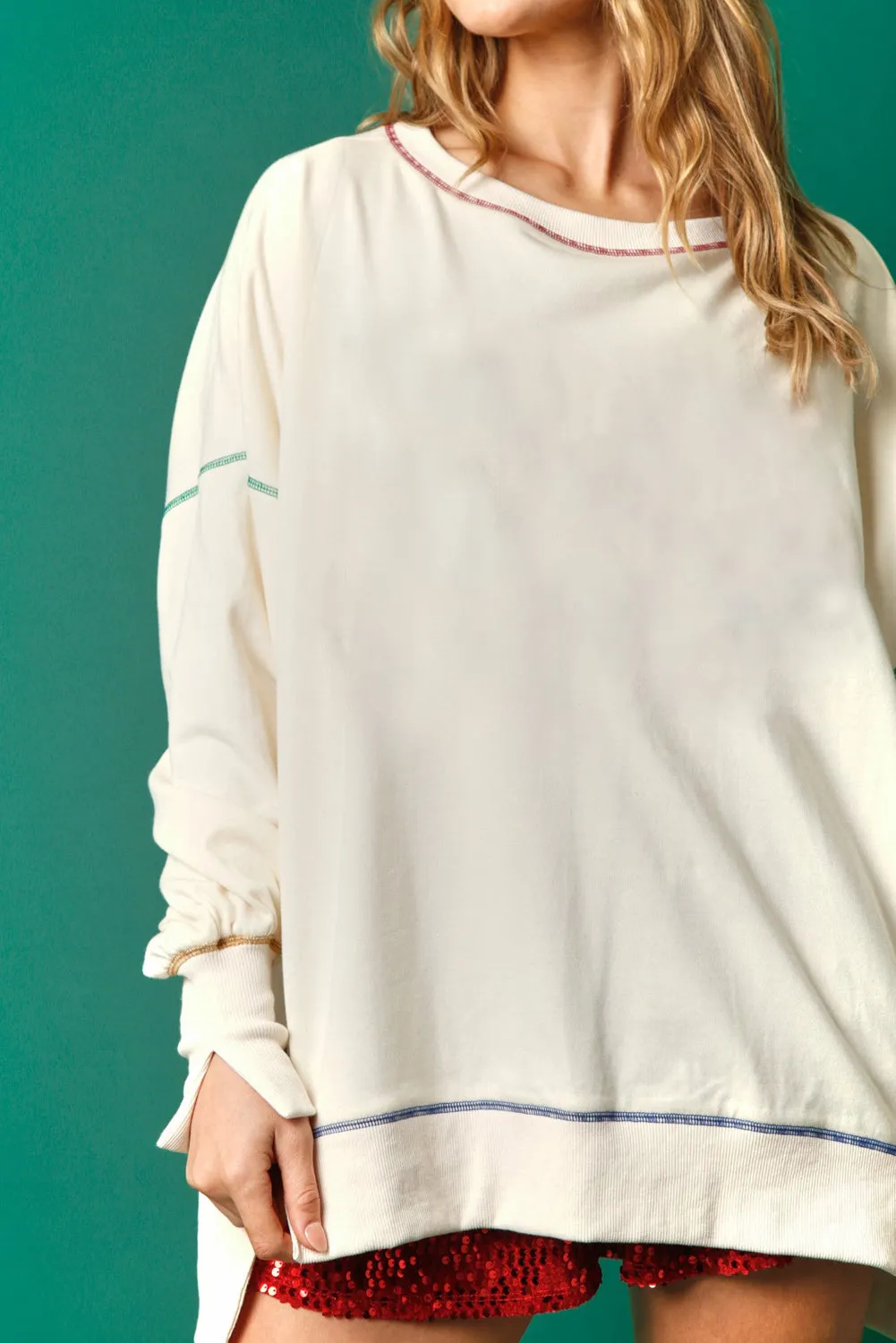 White Contrast Stitching Split Baggy Sweatshirt