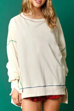 White Contrast Stitching Split Baggy Sweatshirt
