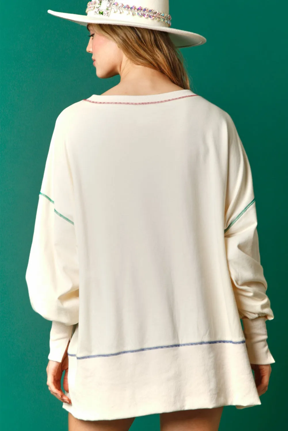 White Contrast Stitching Split Baggy Sweatshirt