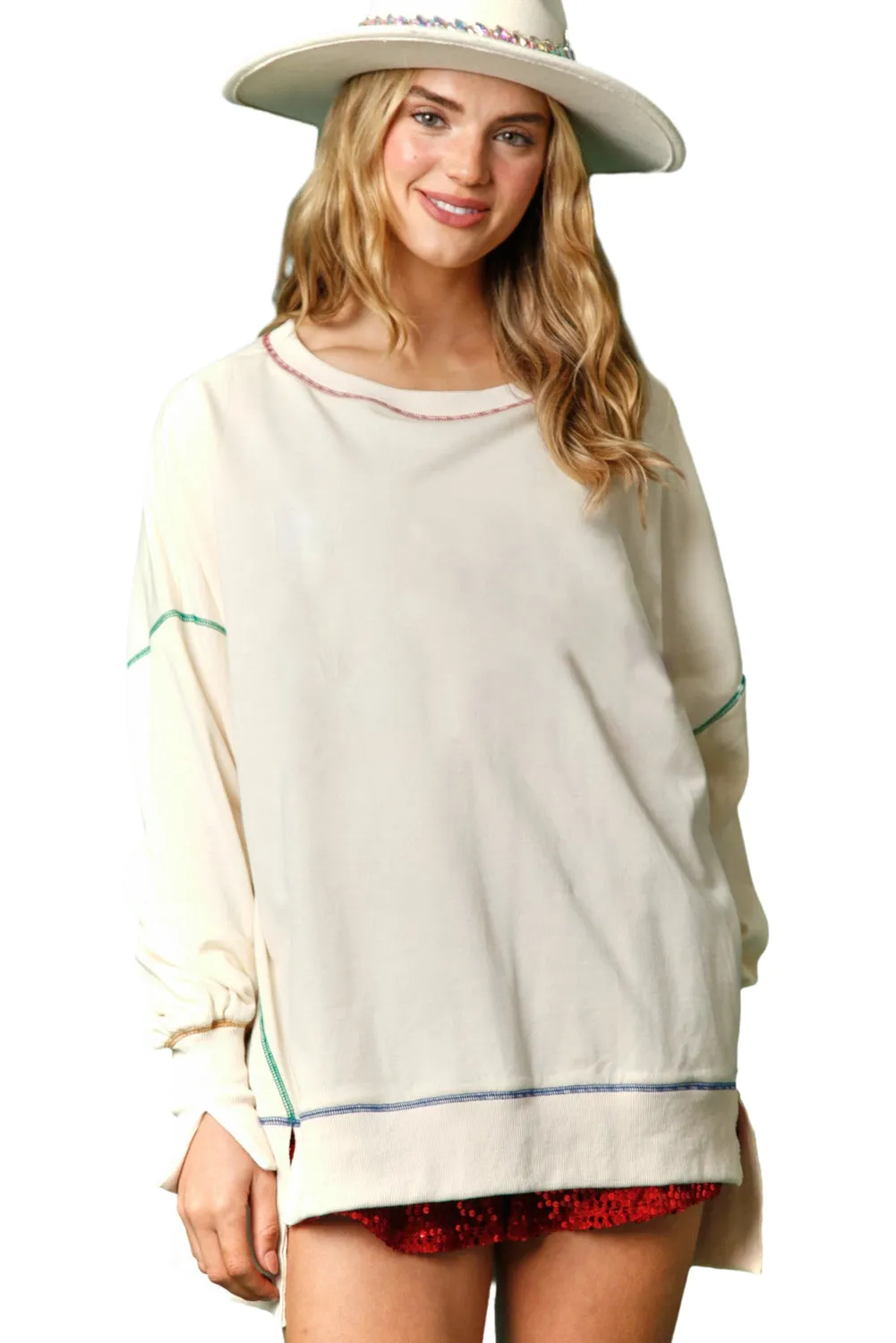 White Contrast Stitching Split Baggy Sweatshirt