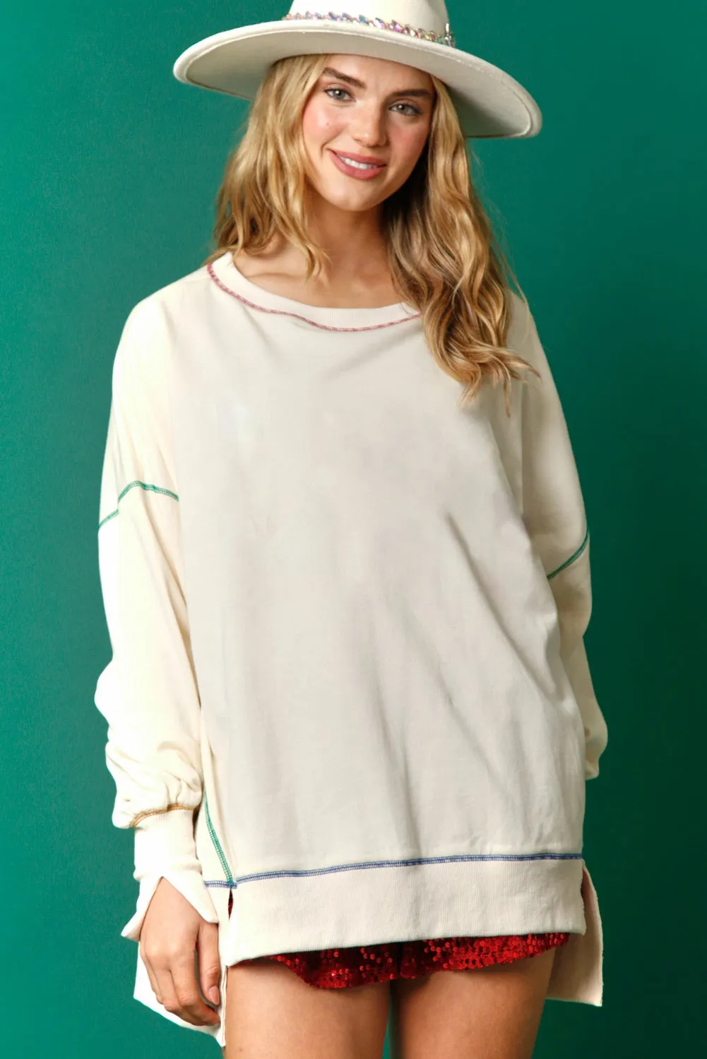 White Contrast Stitching Split Baggy Sweatshirt