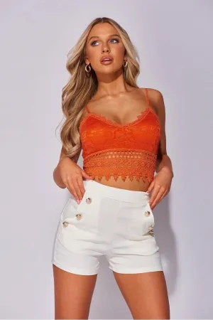 White  High Waisted Tailored Gold Button Front Shorts