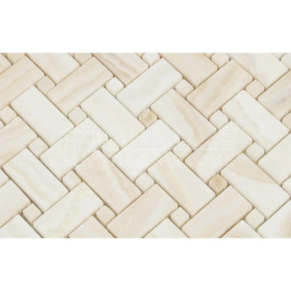 White Onyx Basketweave Mosaic Tile with White Onyx Dots, Cross-Cut, Polished - SAMPLE