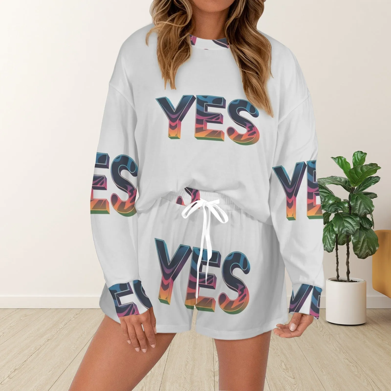 Women's Long Sleeve&Tether Shorts Pocket Pajama Sets