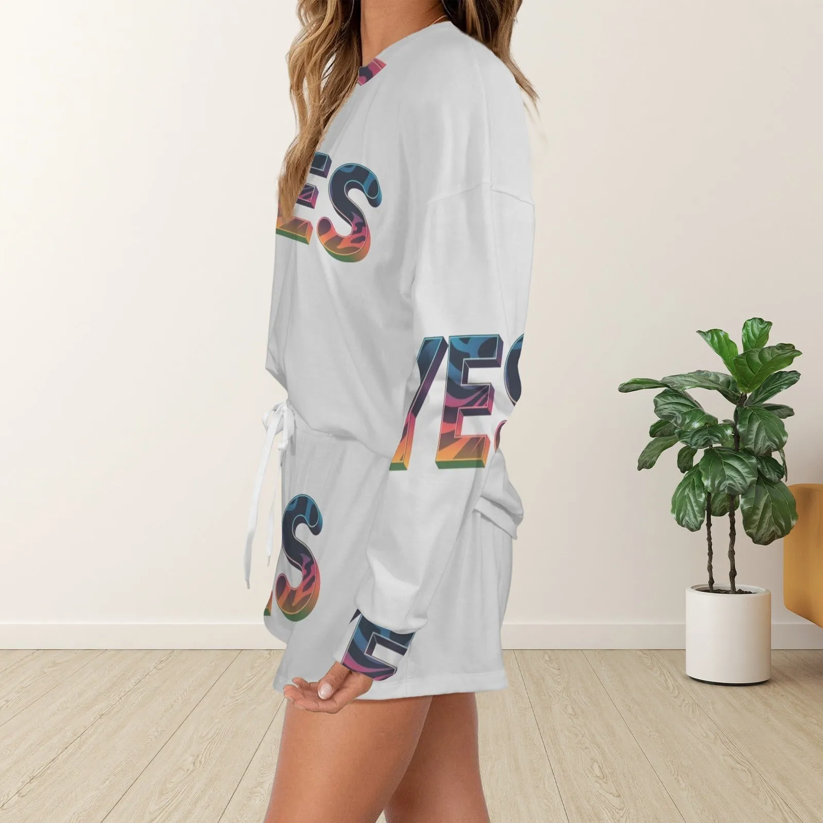 Women's Long Sleeve&Tether Shorts Pocket Pajama Sets